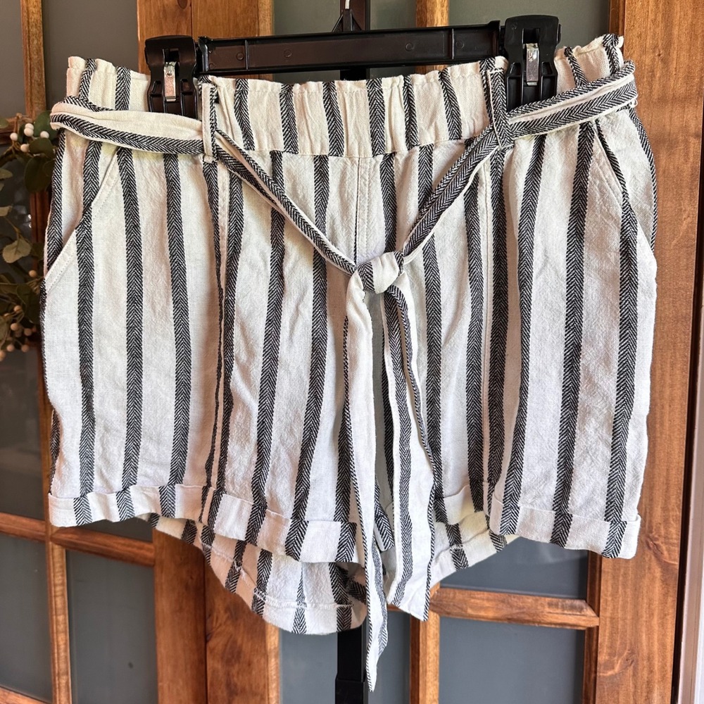 Rewind Shorts Womens Large Black White Striped Linen Blend Paperbag Tie Waist